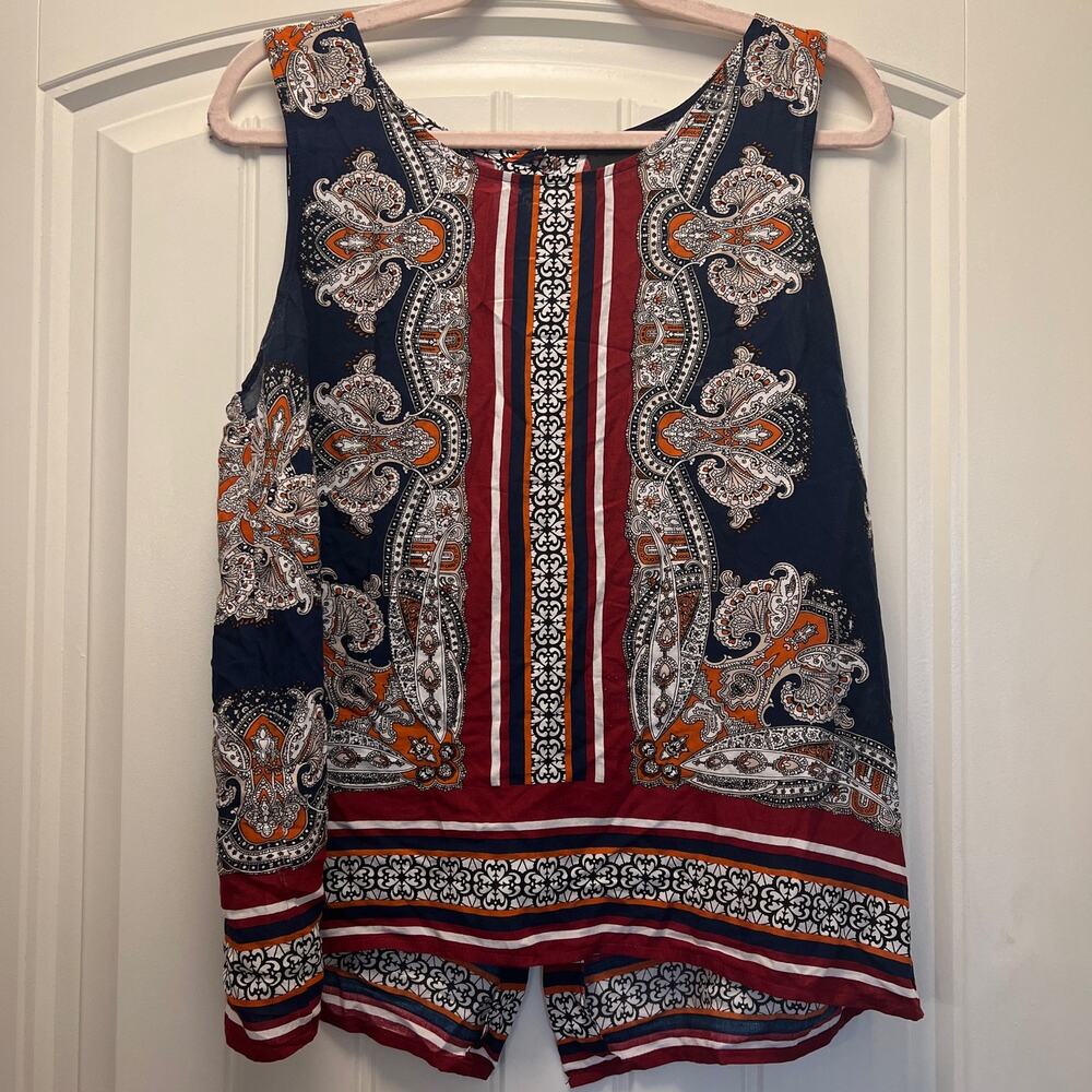 Cynthia Rowley Women's Sleeveless Paisley Button Back Blouse Size L Blue Red